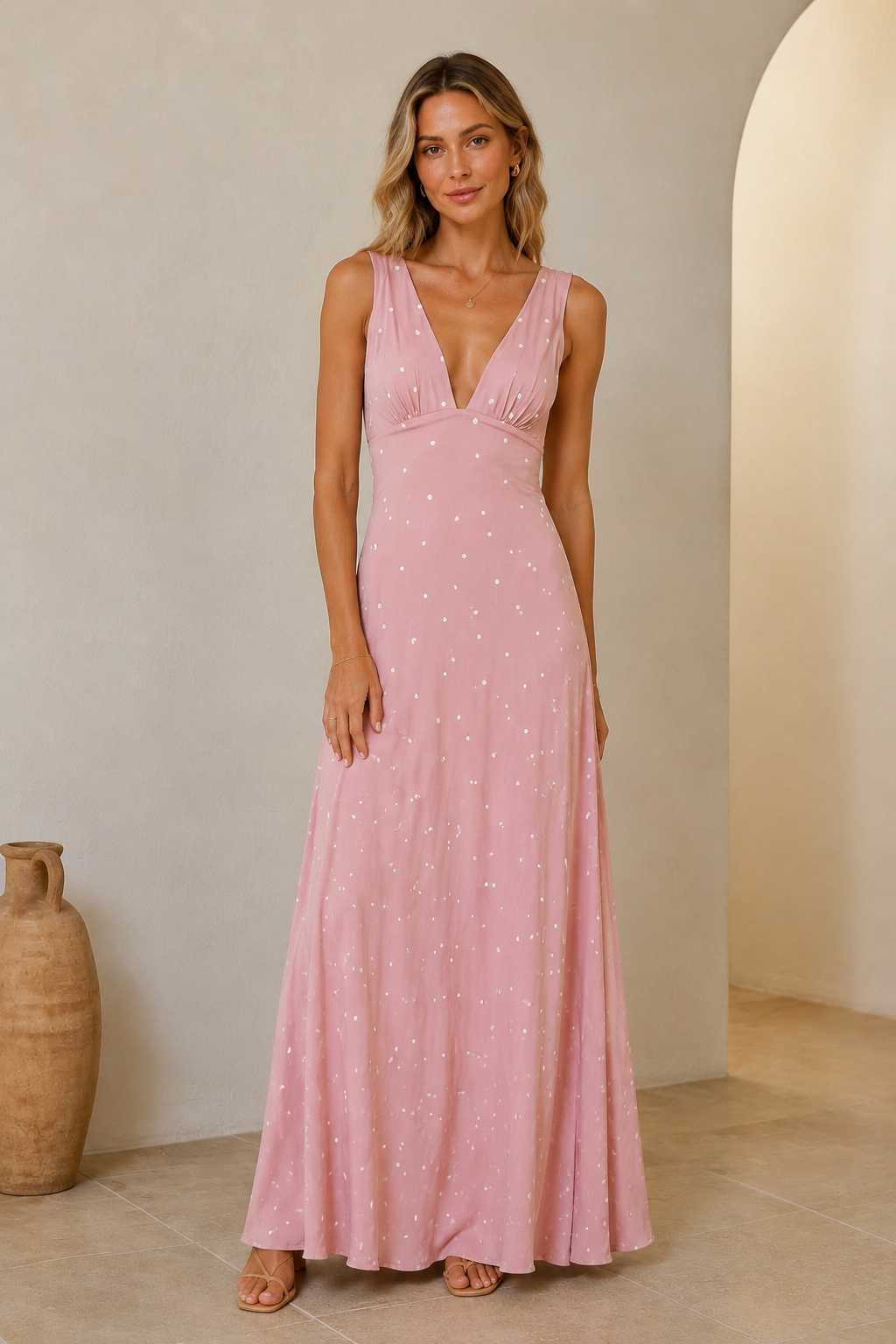 Blush pink sleeveless deep V maxi dress with small dotted pattern front view