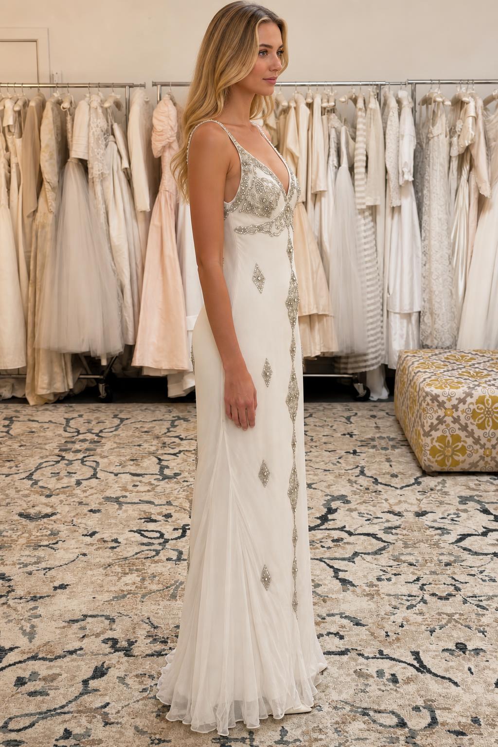 Side profile view of ivory embellished evening gown