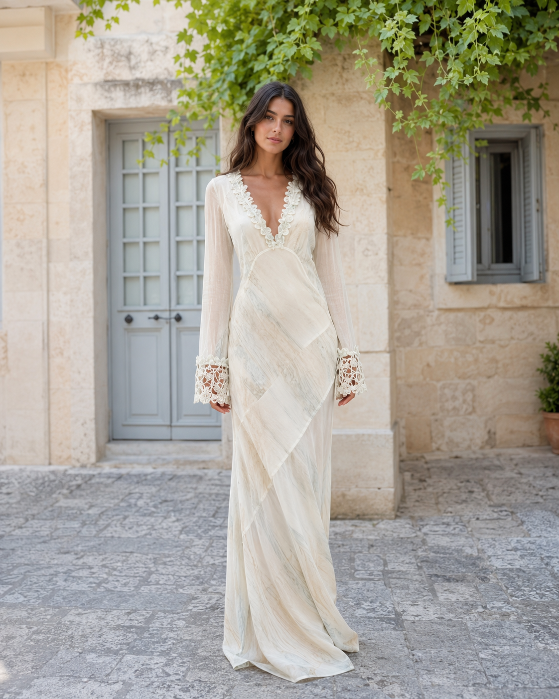 Ivory lace trim deep V maxi dress with sheer long sleeves front view