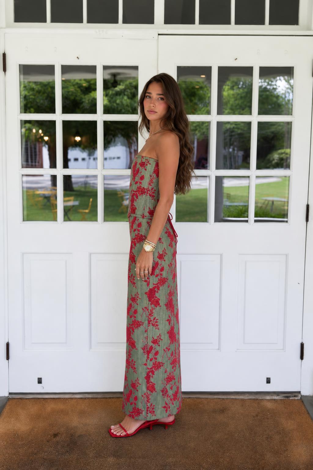 Floral Print Strapless Lace-Up Back Maxi Dress in Sage Green side view