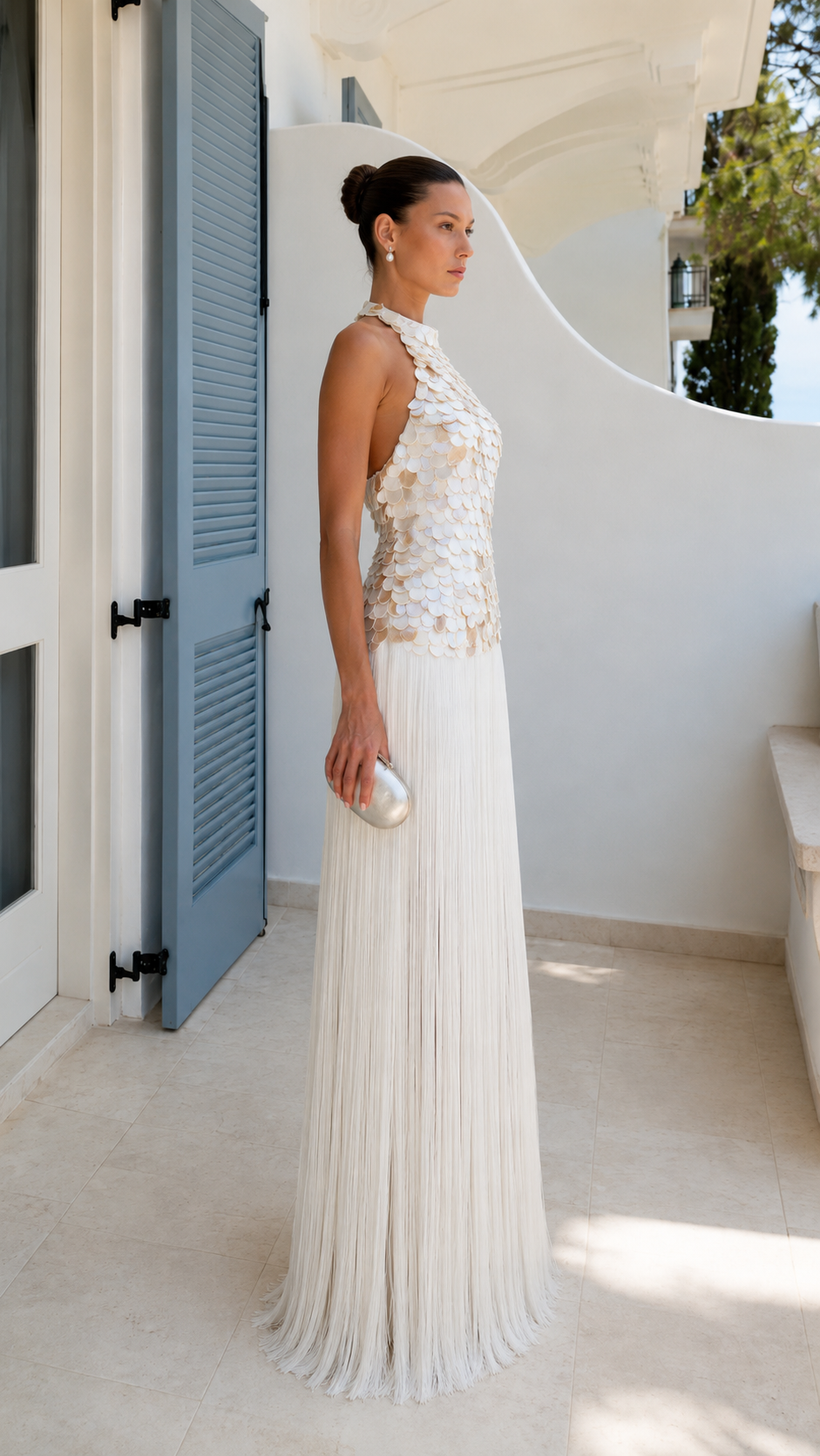 Ivory halter maxi evening dress with floral appliqué bodice side view