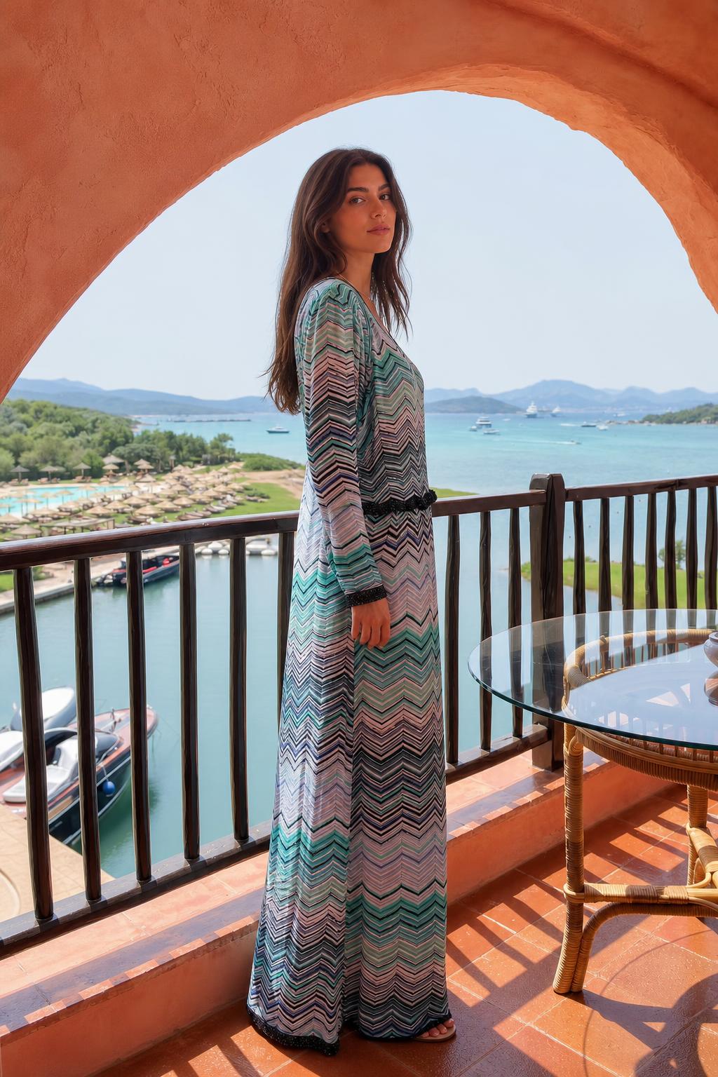 Side view of woman in blue multi chevron knit set