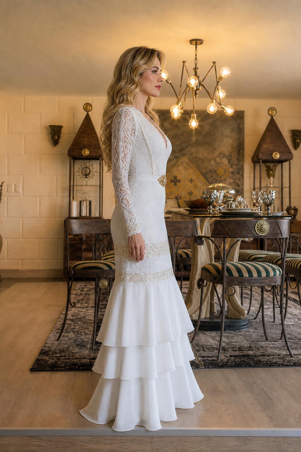 Side profile view of white lace mermaid gown