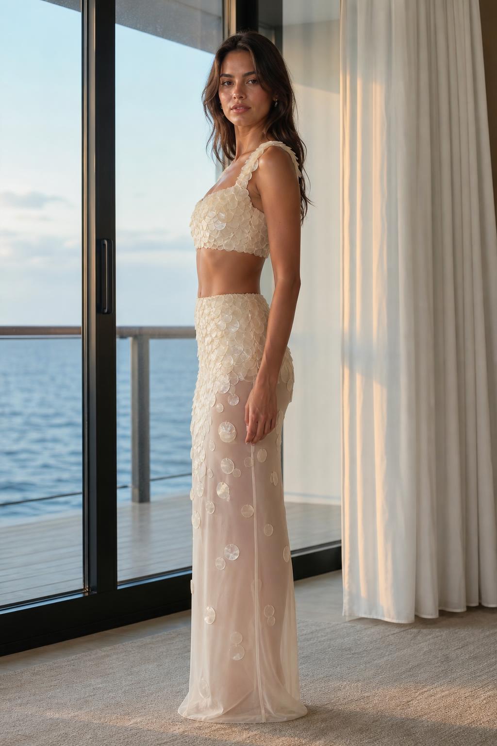 Side profile view of Ivory two-piece set