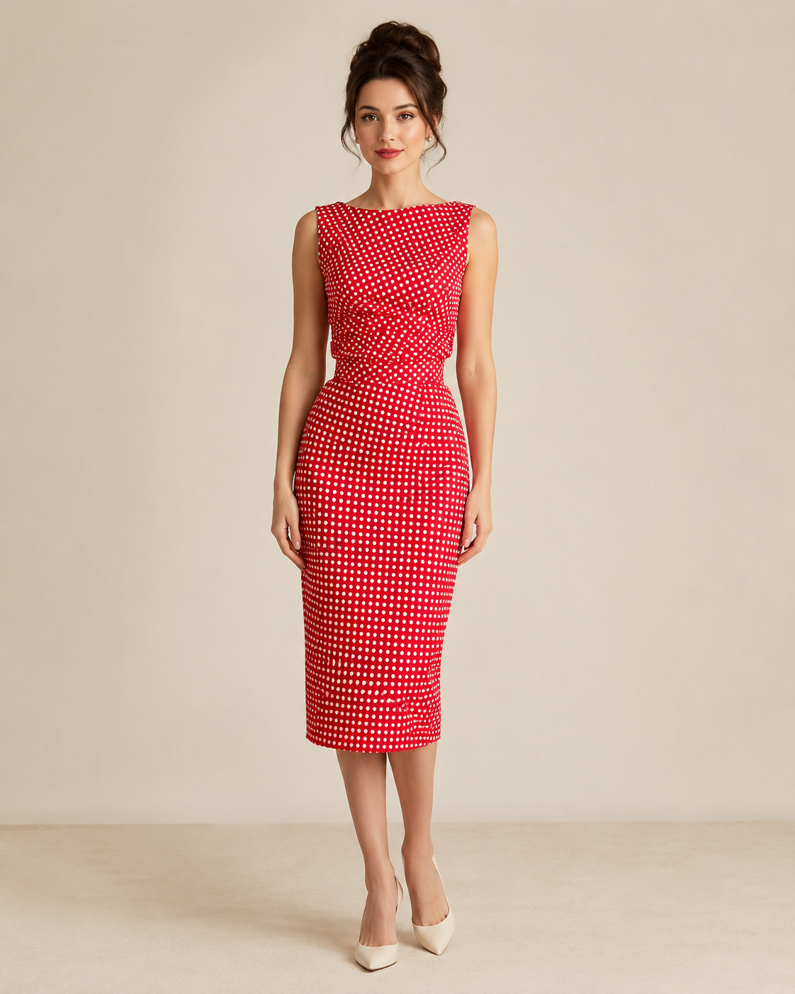 Front view of red polka dot sleeveless midi sheath dress with ruched waist