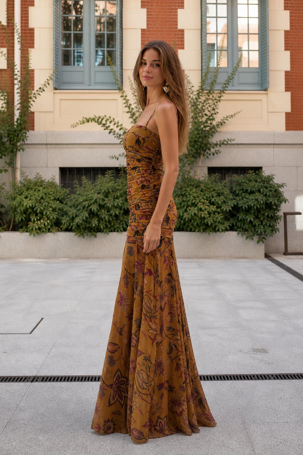 Side view of mustard floral ruched maxi dress
