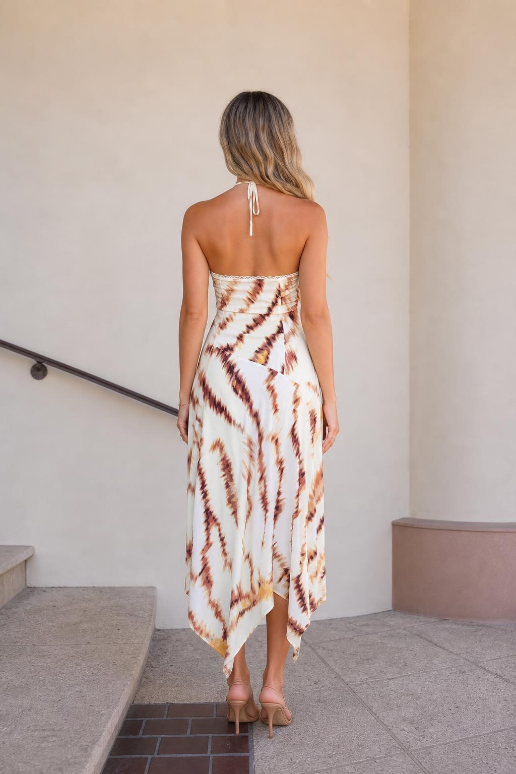 Back view of ivory halter midi dress