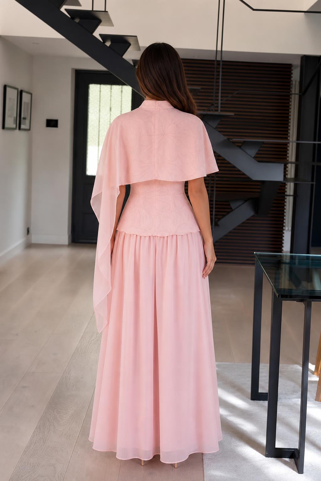 Elegance Cape Overlay Mock Neck Maxi Dress in Pink back view