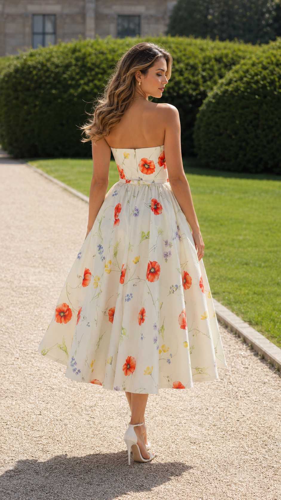 Back view of ivory strapless floral midi dress with flared midi skirt