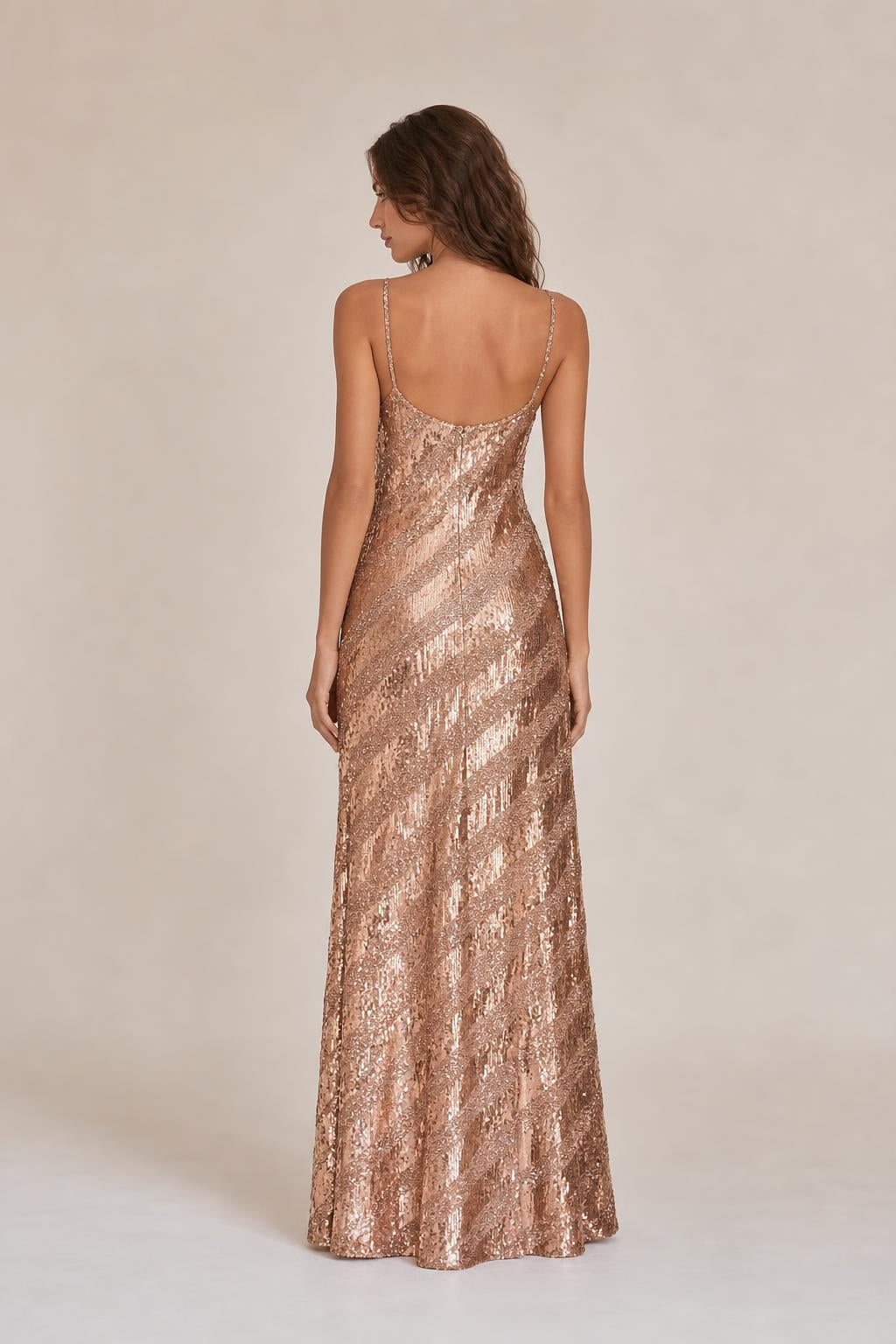 Back view of model in Rose Gold evening gown