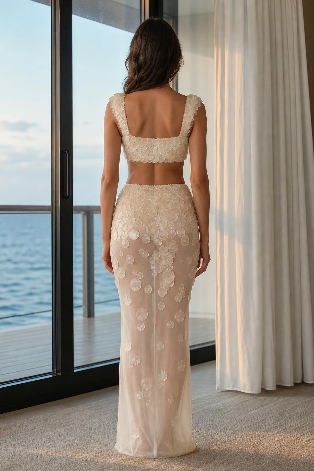 Back view of Ivory two-piece set showing back cutout design