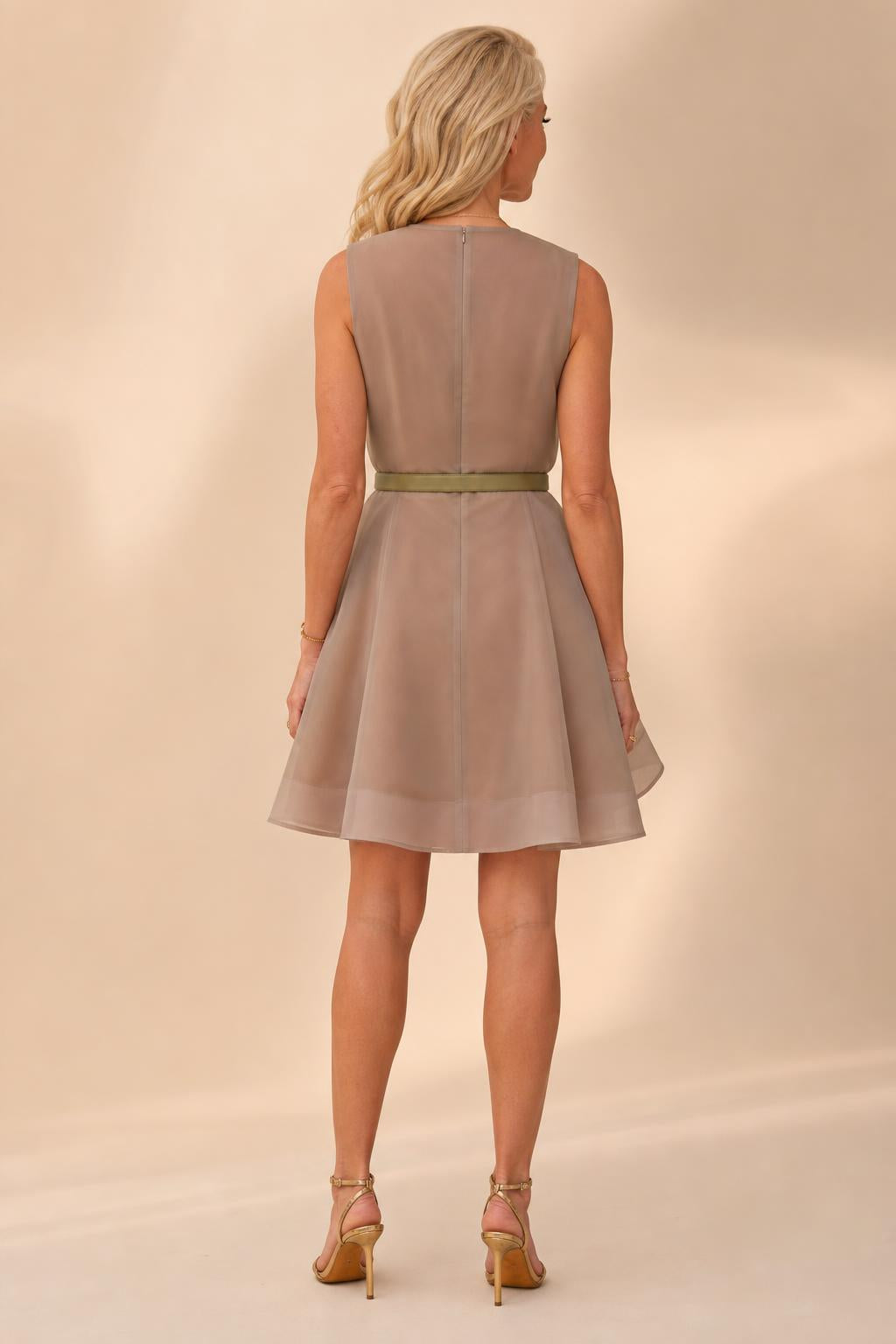 Back view of model wearing taupe organza dress