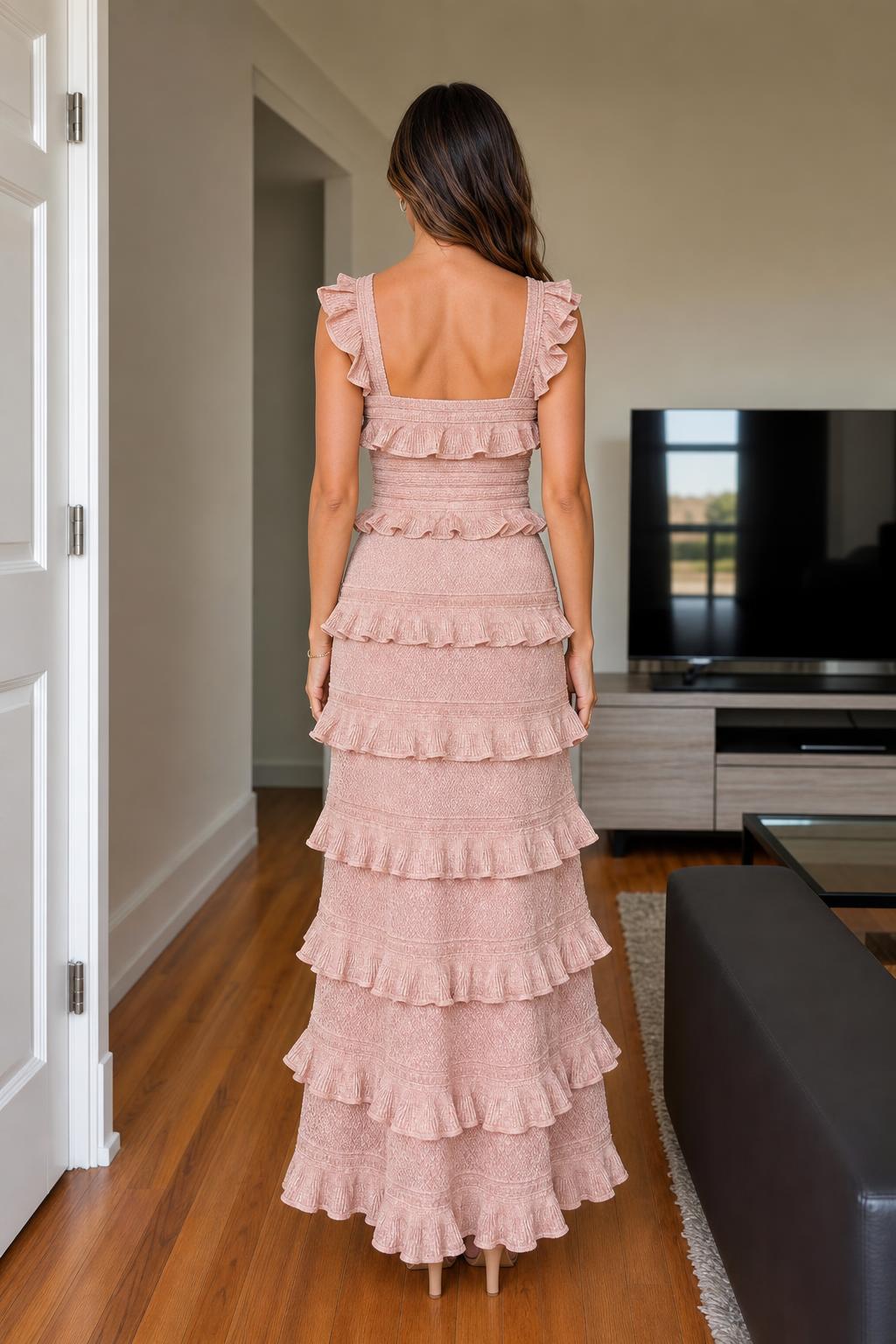 Back view of Dusty Pink sleeveless square neck maxi dress