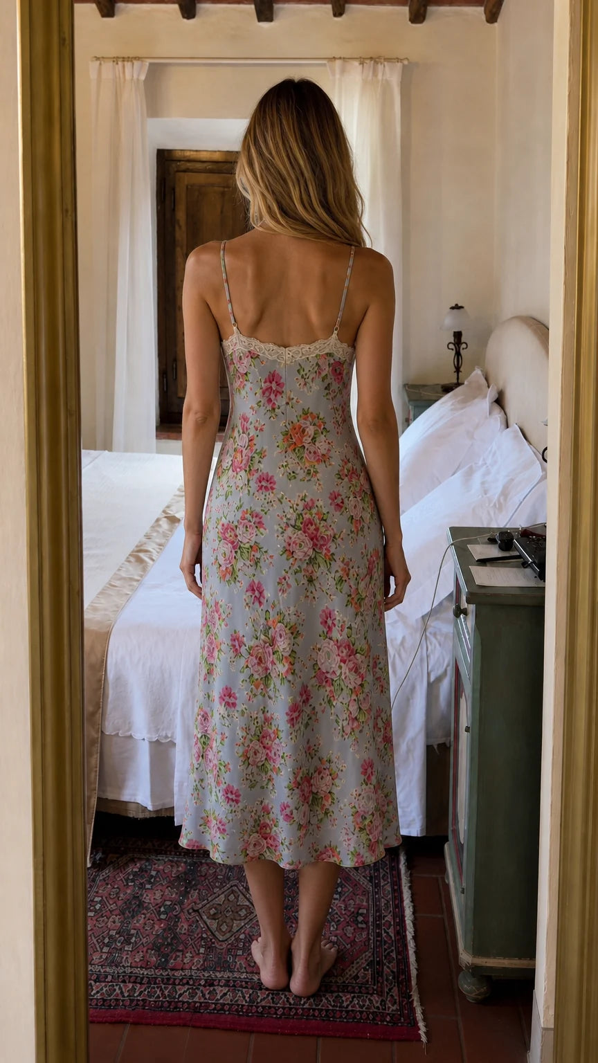 Back view of woman wearing Light Blue floral slip dress