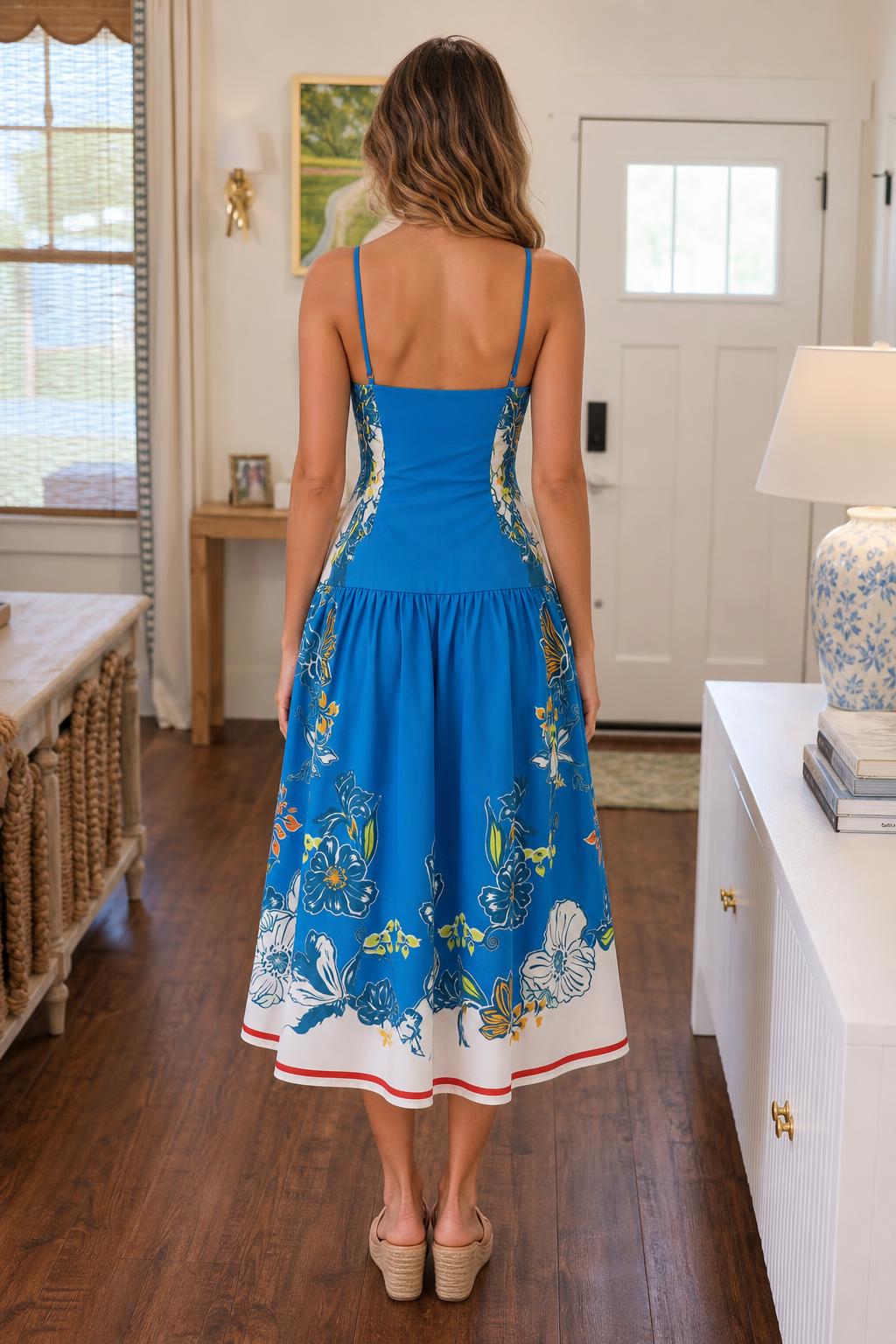 Floral Print Bustier Midi Dress in Blue back view