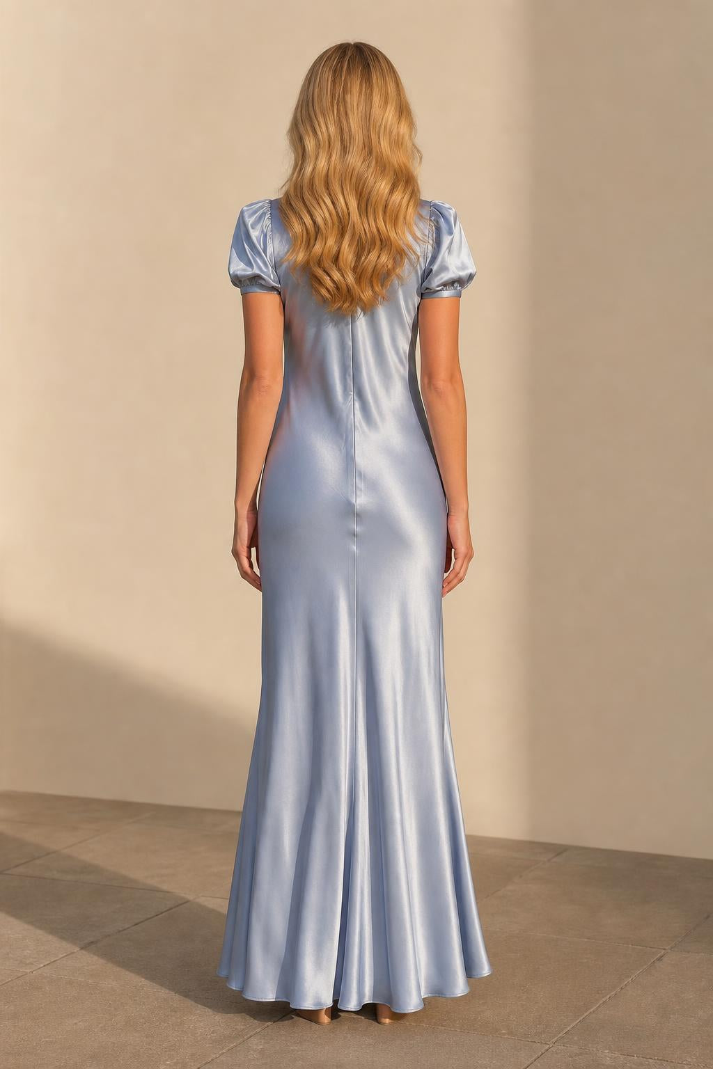 Back view of light blue satin maxi dress