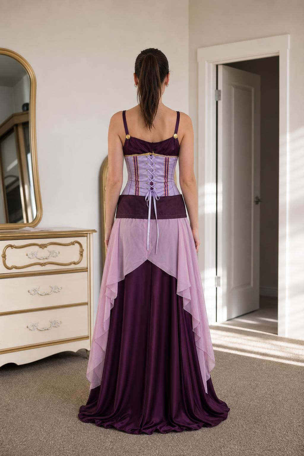 Renaissance medieval corset maxi dress in purple back view