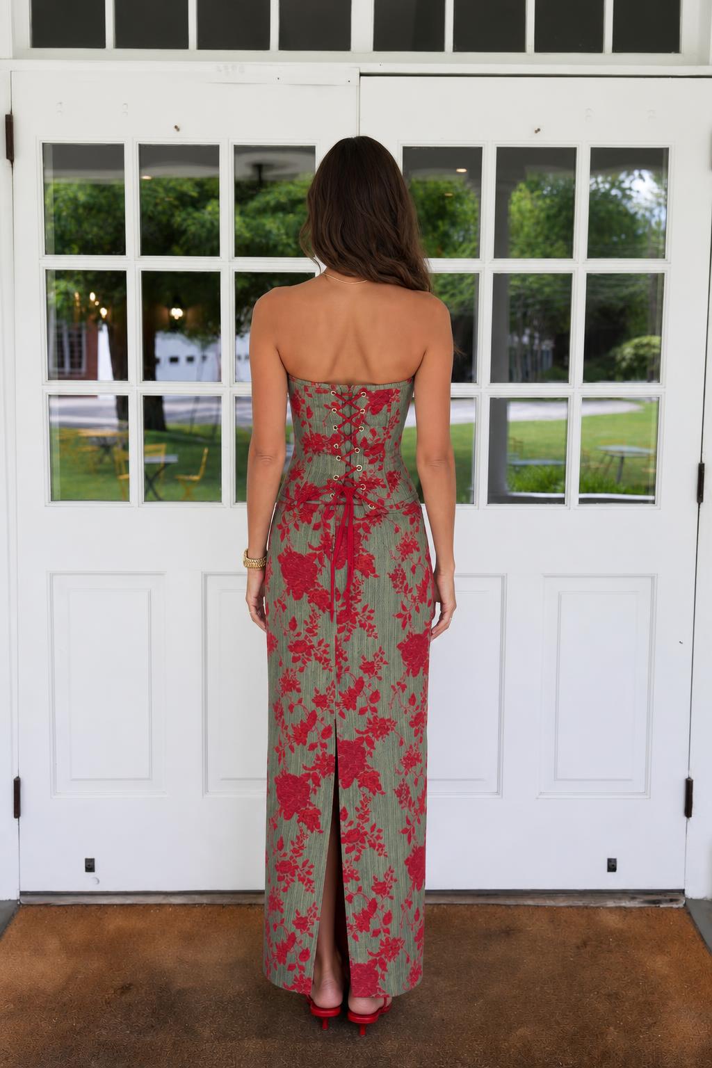 Floral Print Strapless Lace-Up Back Maxi Dress in Sage Green back view