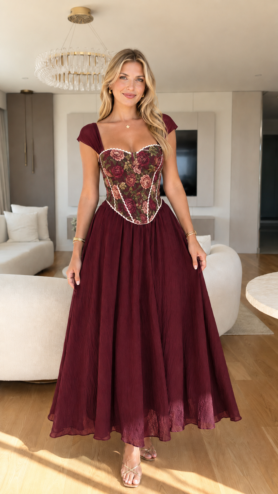 Front view of burgundy floral corset bodice maxi dress with cap sleeves