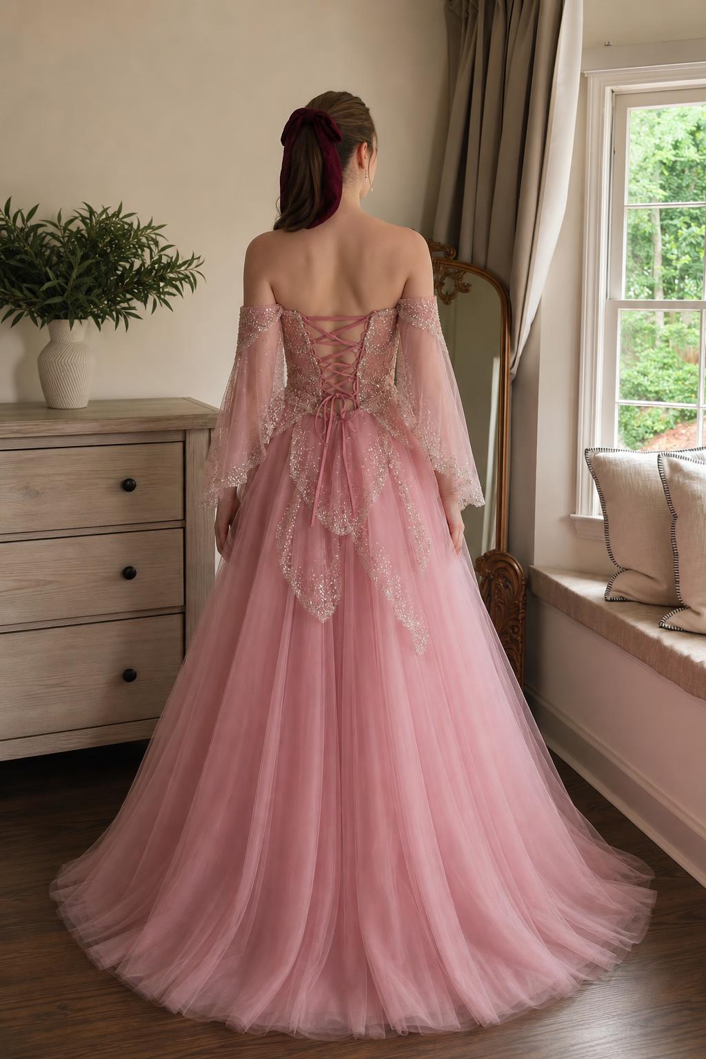 Pink ball gown back view highlighting lace-up corset