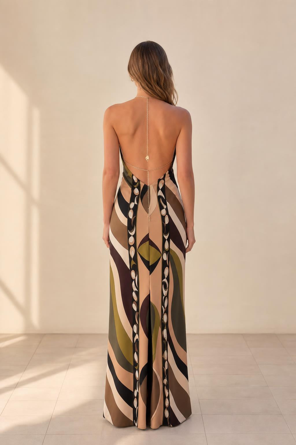 Back view showcasing open back design of olive maxi dress