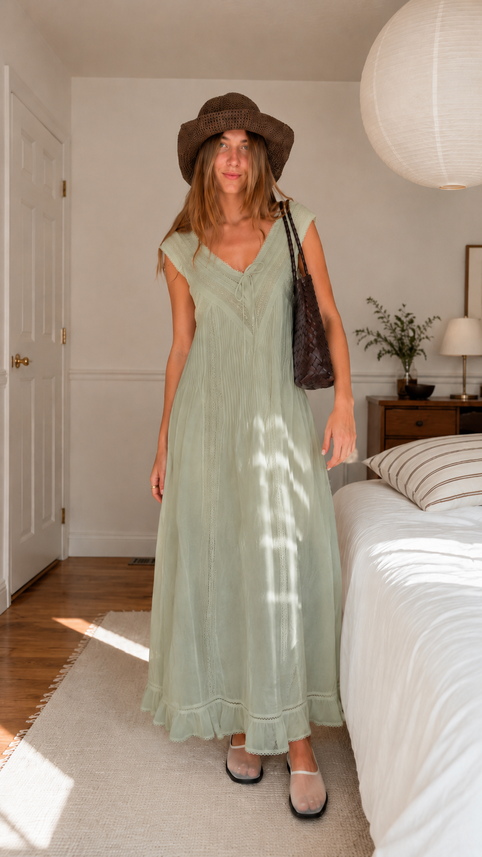 Sage green flowy maxi dress with cap sleeves front view