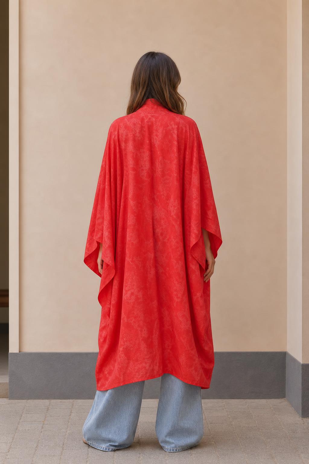 Back view of model in red long kimono cardigan