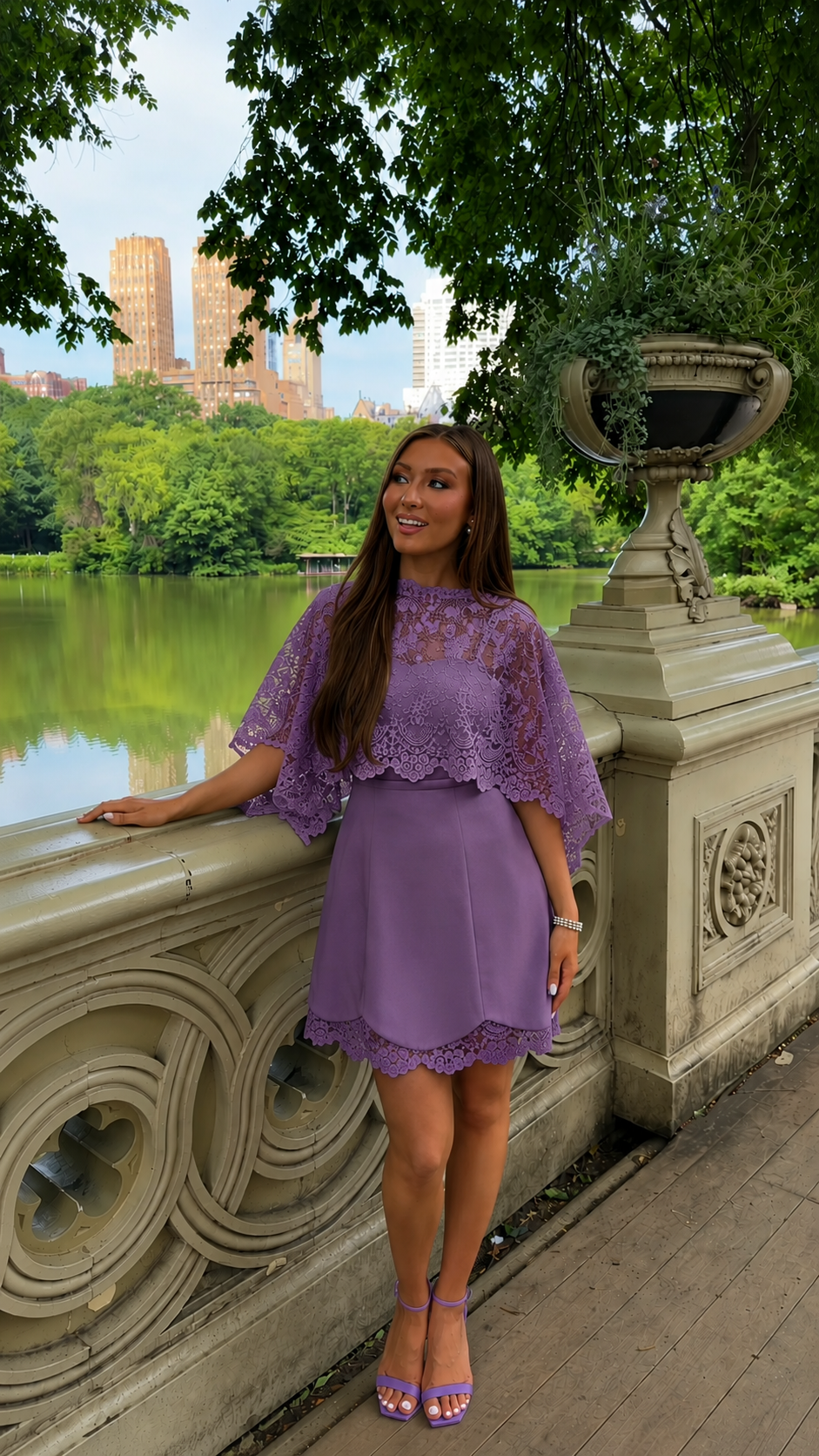 Front view of lavender lace cape sleeve mini dress with scalloped hem