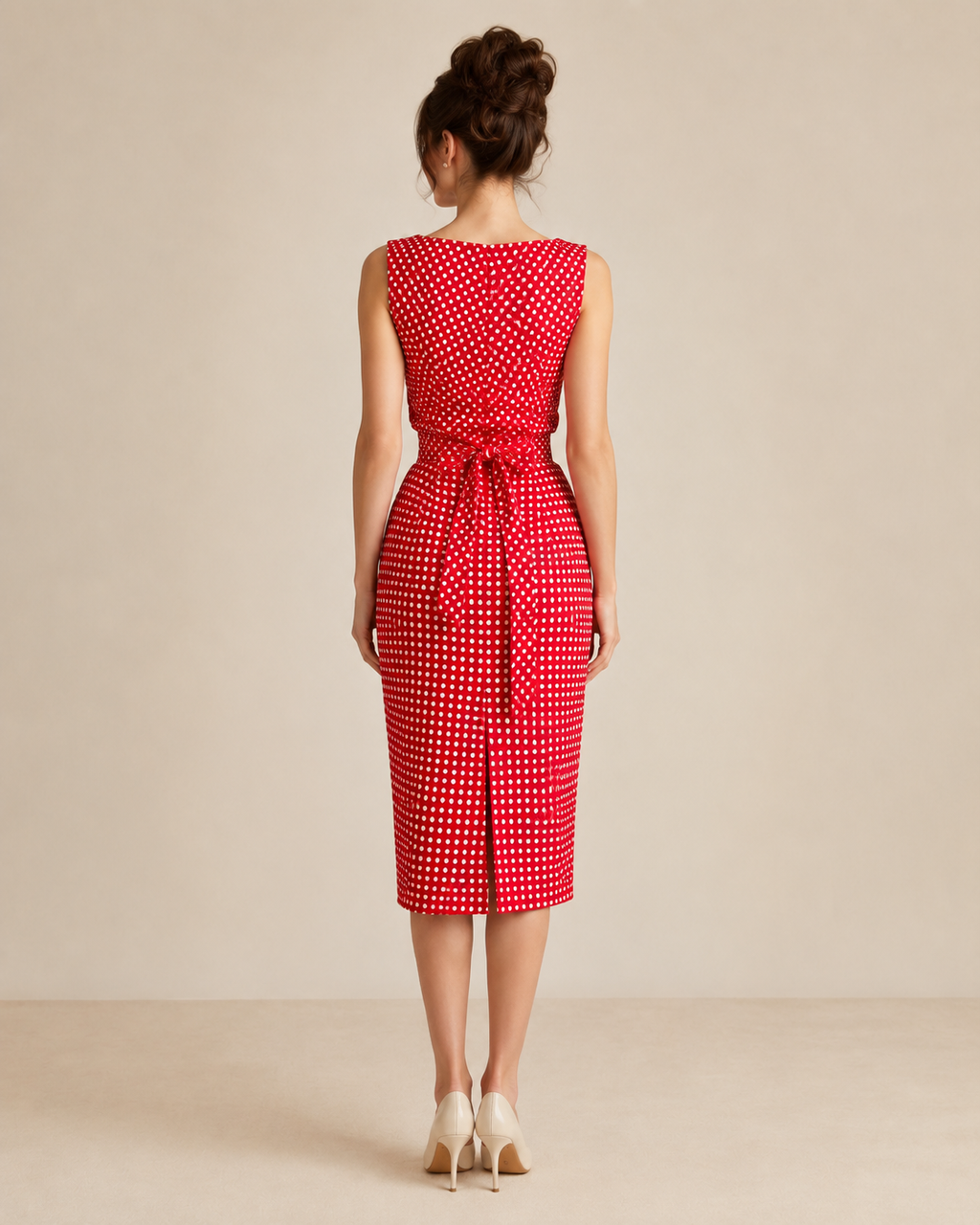 Back view of red polka dot sleeveless midi dress with waist tie detail