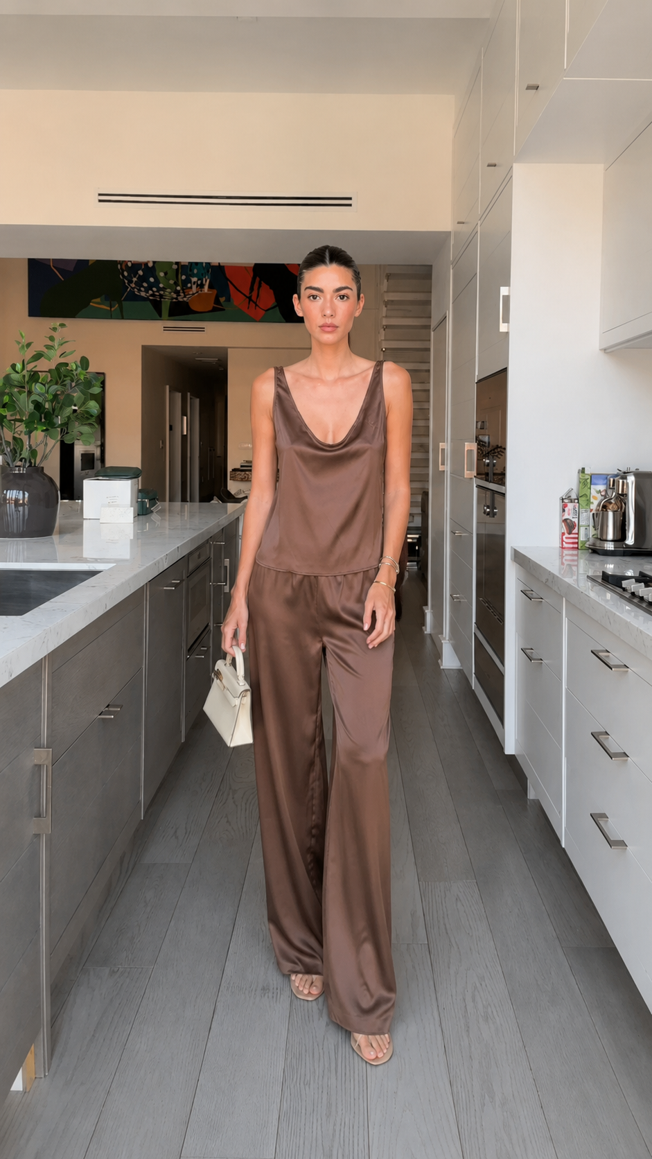 Full front view of chocolate satin-look cowl neck top and pants set