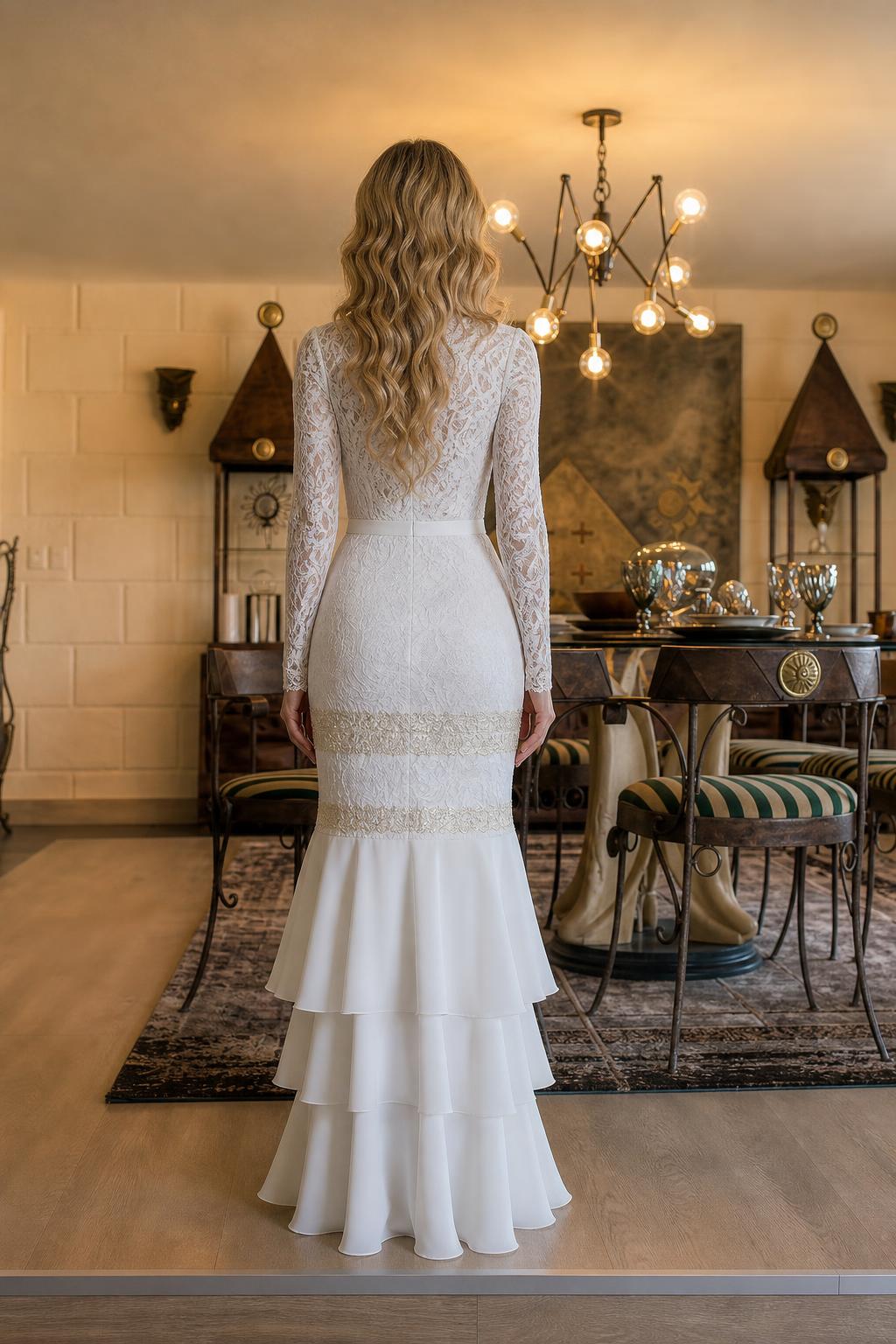 Back view of white lace tiered ruffle evening dress