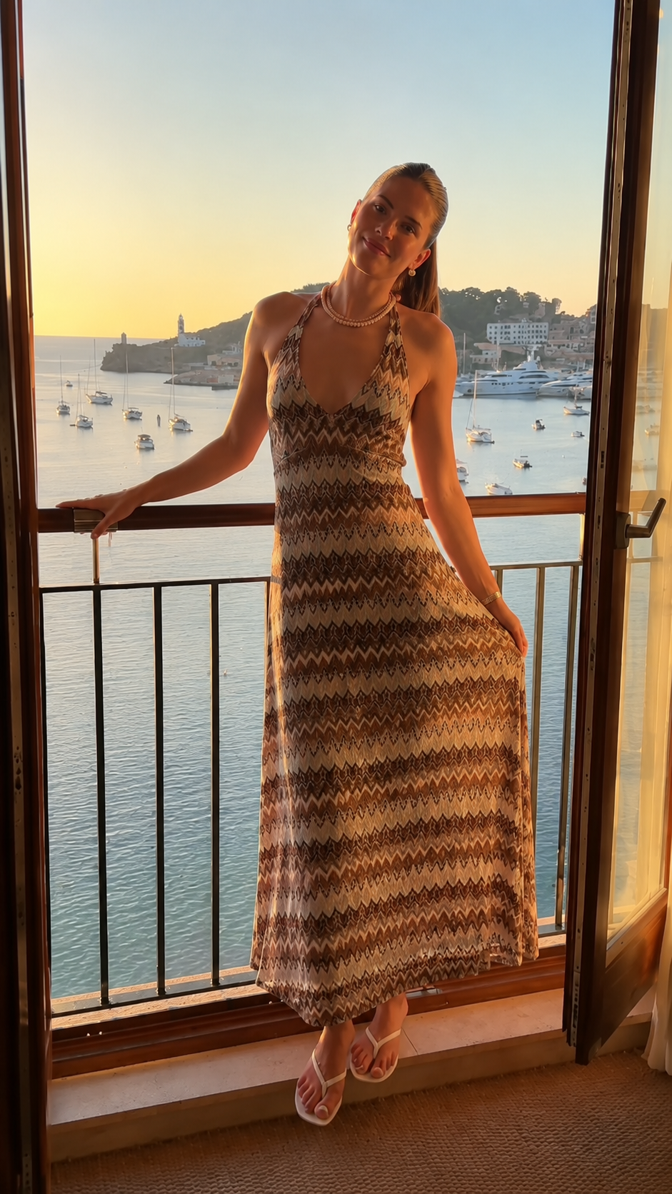 Mocha brown zigzag halter neck maxi dress front view