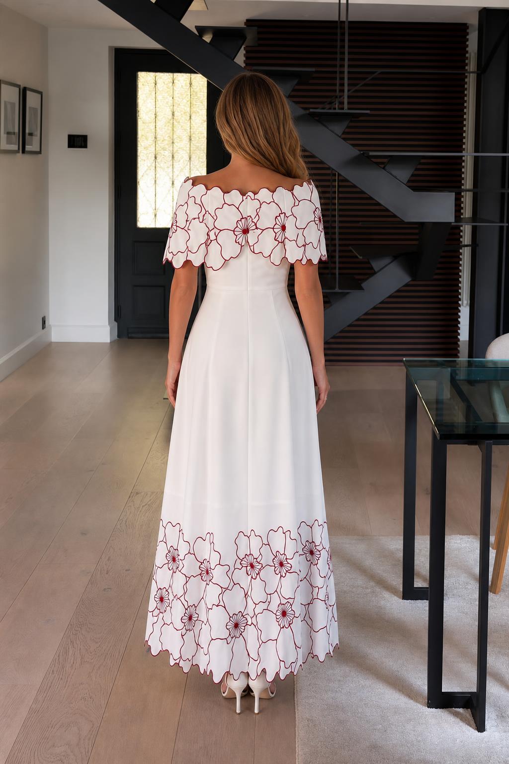 Back view of white floral embroidered maxi dress