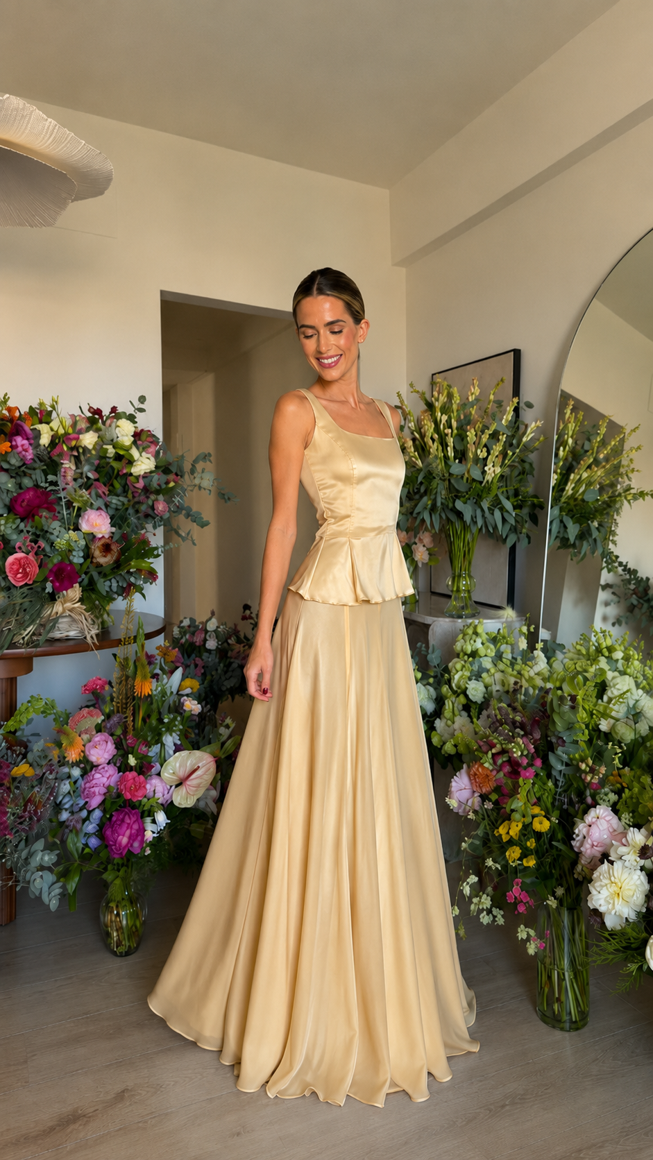 Champagne square neck peplum maxi dress with soft flowing skirt