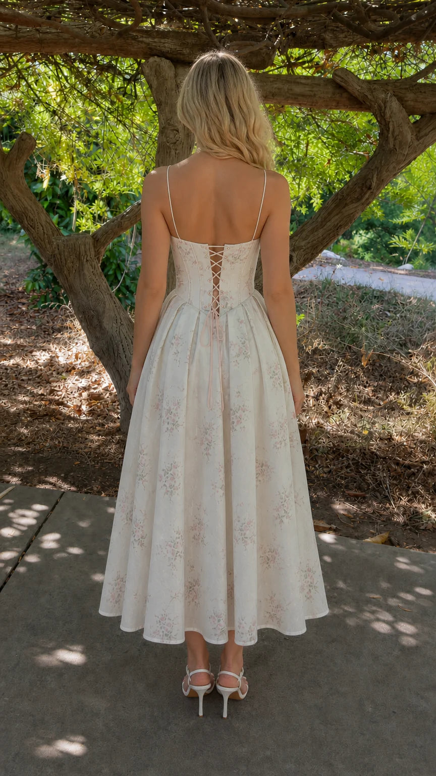 Back view of woman wearing white floral dress with lace-up back detail