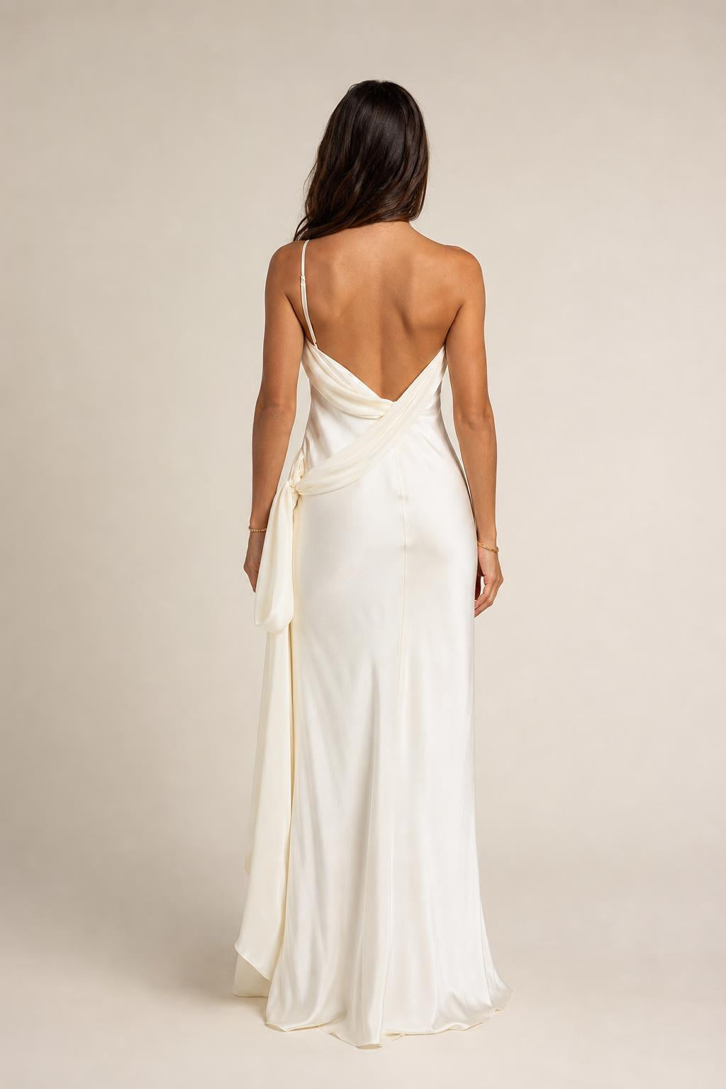 Back view of Ivory satin maxi dress showing strap details