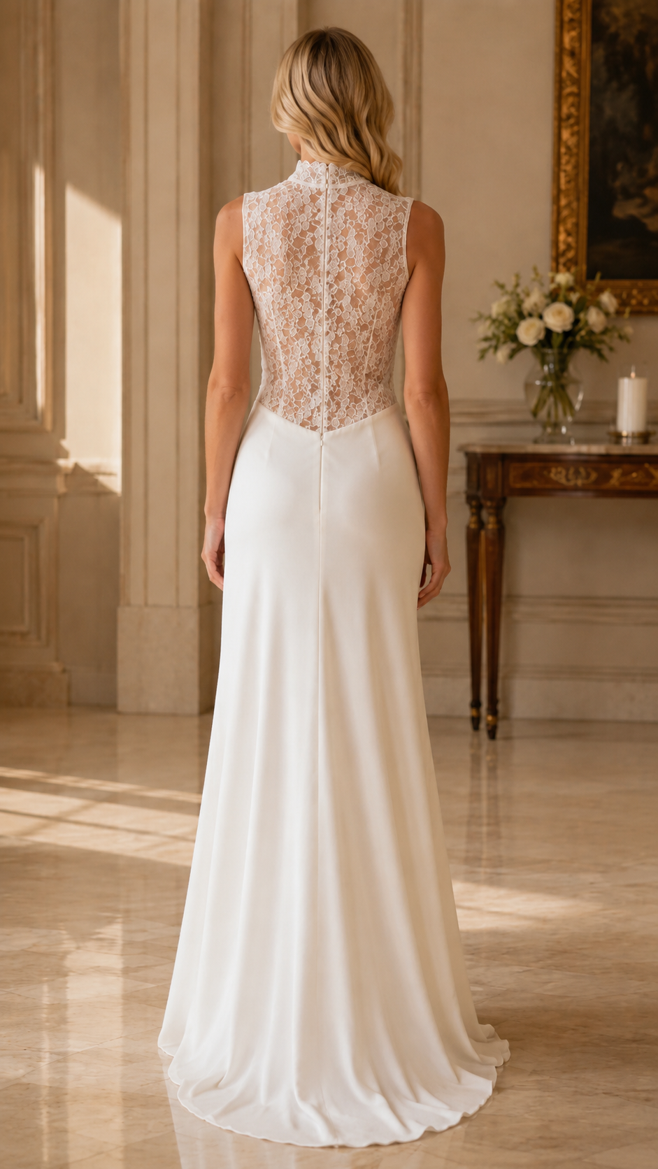 Back view of ivory sleeveless lace maxi gown with fitted bodice and flowing skirt