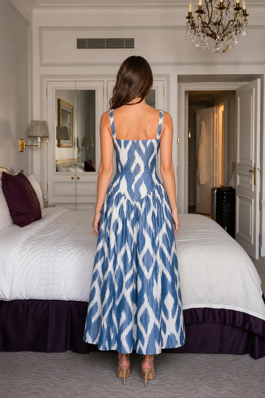 Model wearing blue ikat print midi dress back view