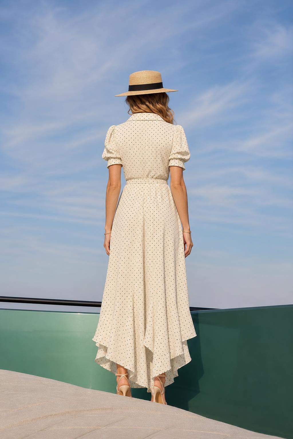 Back view of cream polka dot maxi dress