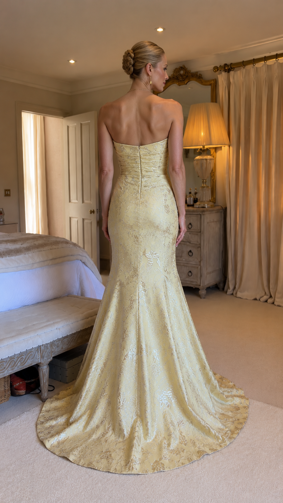 Back view of butter yellow strapless floral jacquard mermaid gown
