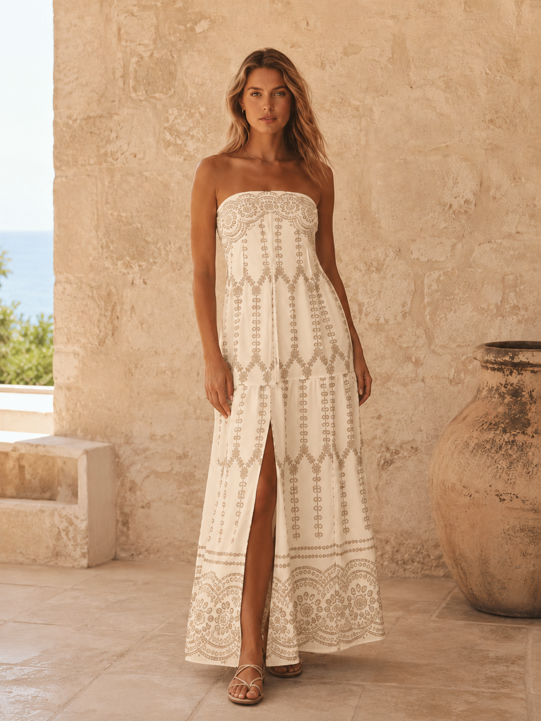 Cream strapless printed maxi dress with front slit shown from the front