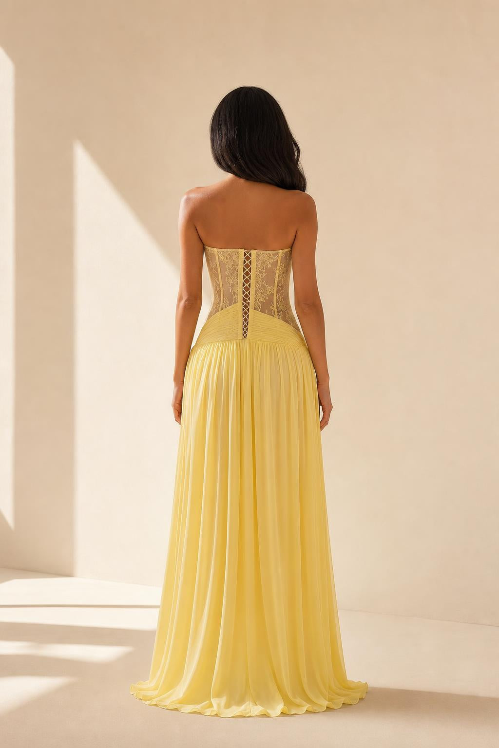 Back view of yellow formal gown