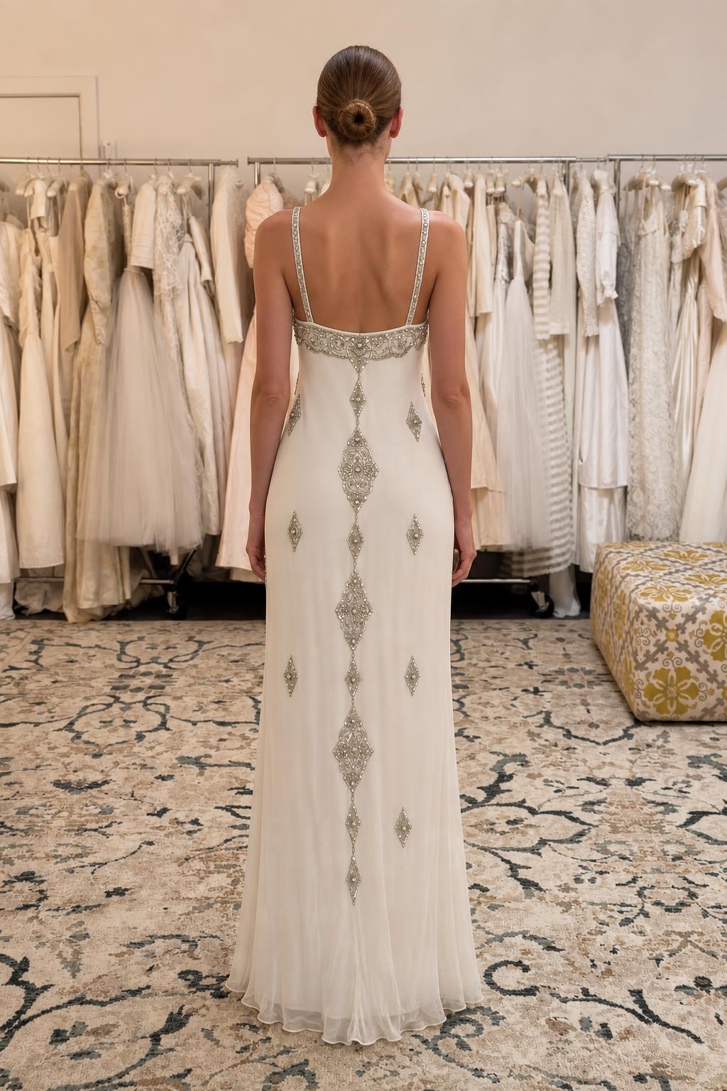 Back view of ivory beaded evening gown showing spine embellishments