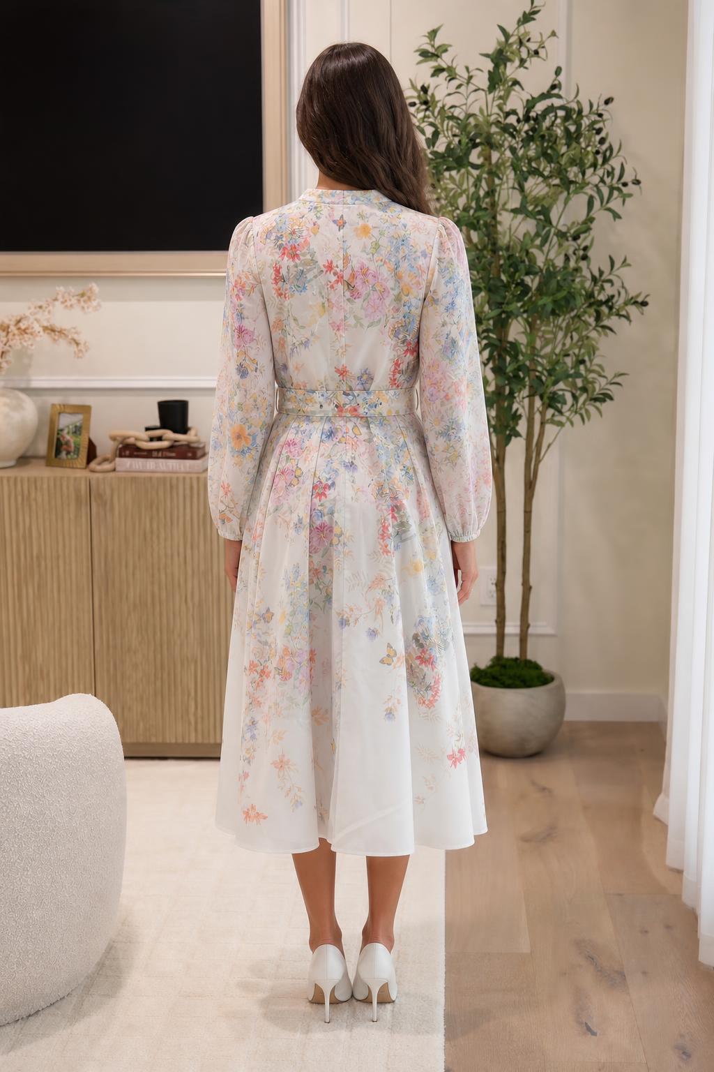 Back view of woman in white floral midi dress