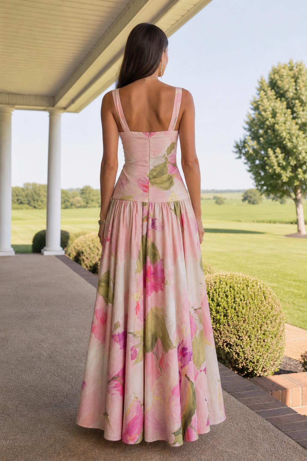 Back view of model showcasing back zipper and drape of pink floral maxi dress