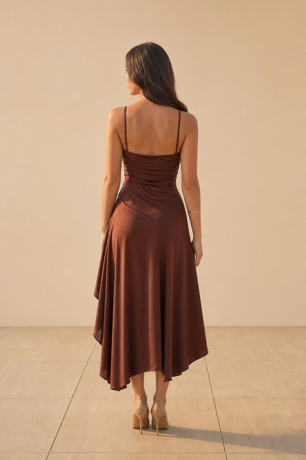 Back view of brown high-low dress