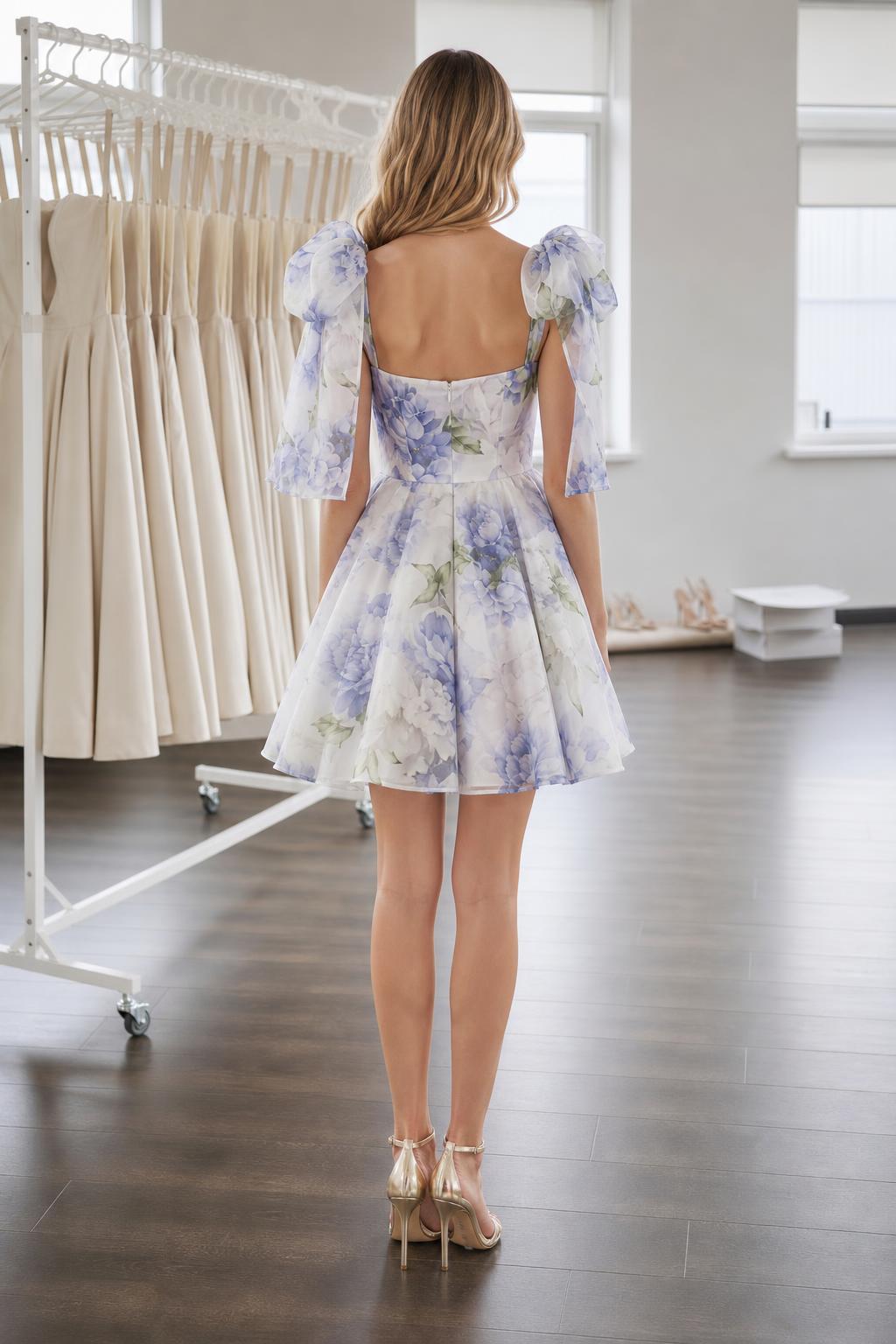 Back view of model showcasing back design and bow straps