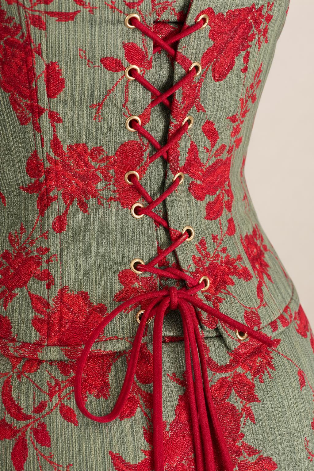 Close up of lace up back detail on floral maxi dress