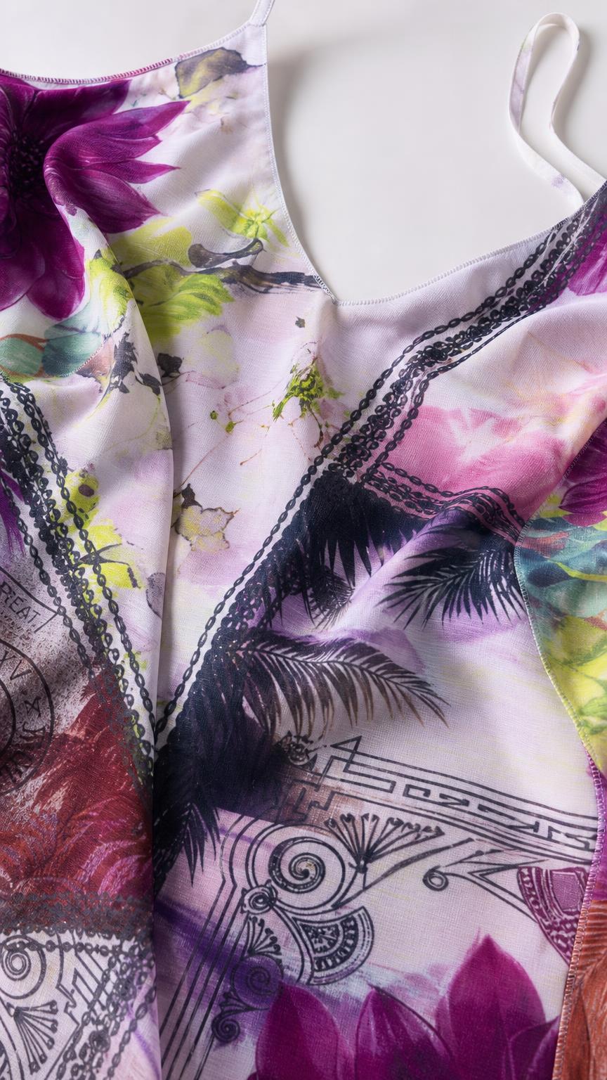 Close up fabric detail of white tropical print dress