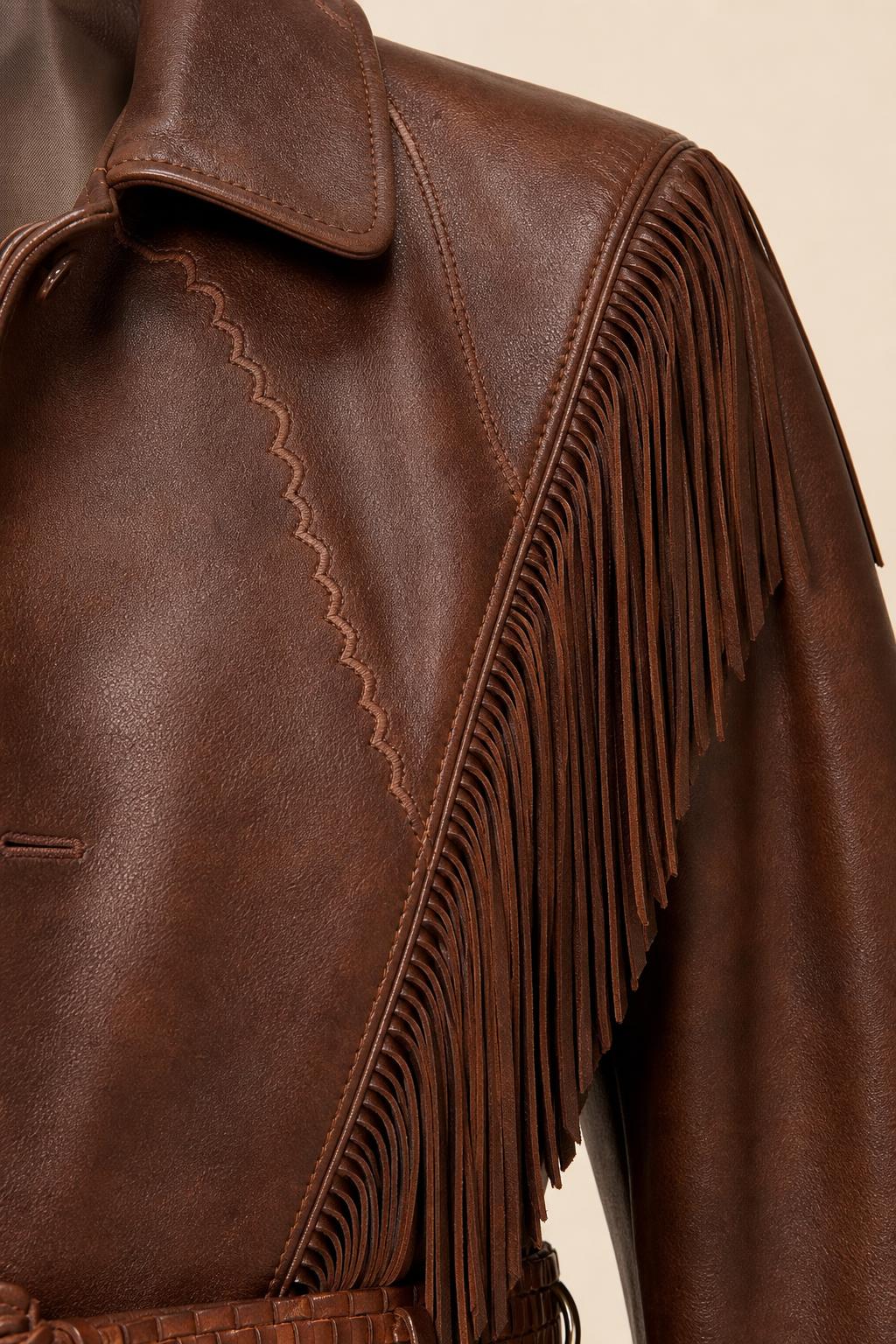Close-up detail of the brown jacket's lapel, stitching, and fringe trim